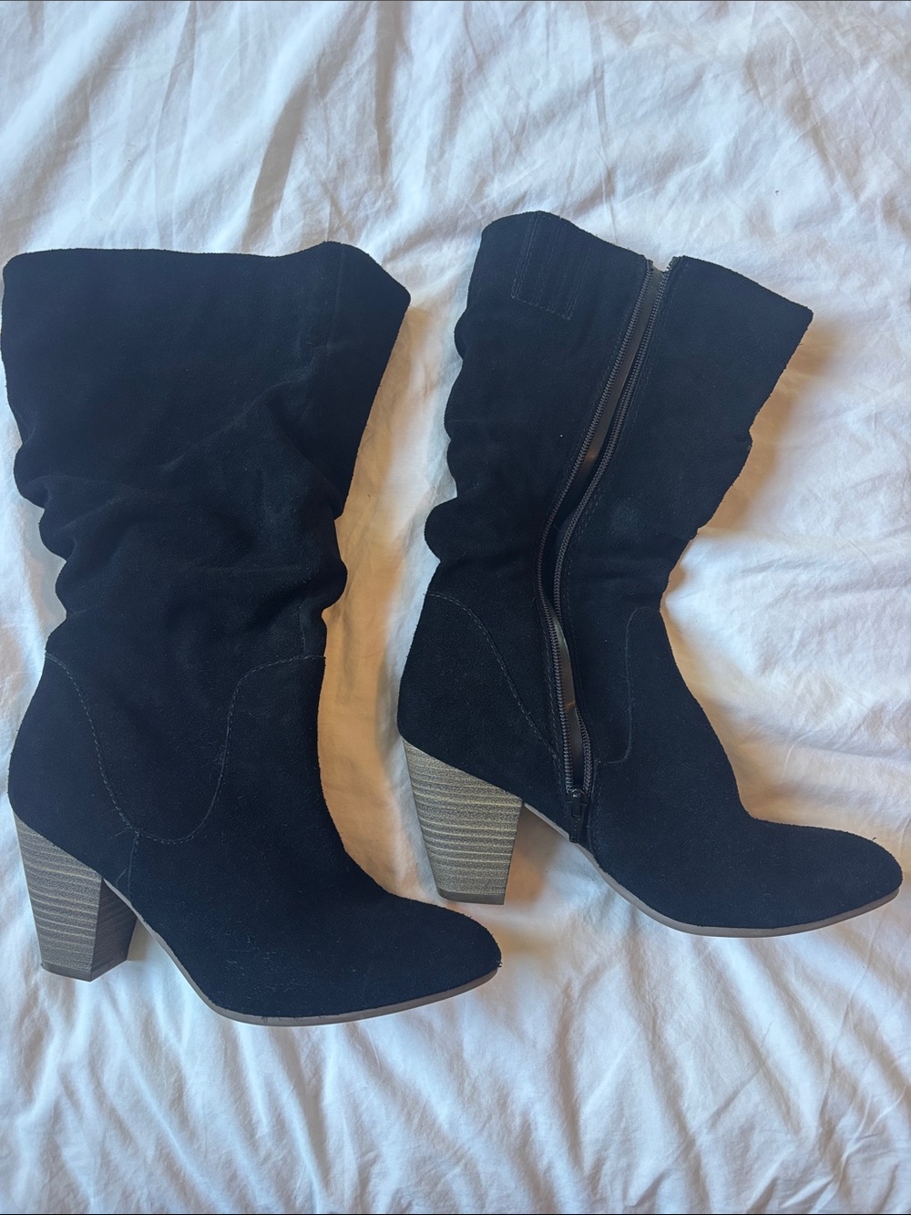 Black Suede Mid-Calf Block Heel Boots